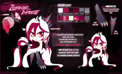 Size: 2444x1500 | Tagged: safe, artist:zombie, derpibooru import, oc, oc only, oc:von zinfandel infidelity, oc:zin, bat pony, amputee, bat pony oc, claws, colored pupils, crown, edgy, evil, evil grin, female, grin, jewelry, long mane, long tail, mare, prosthetic limb, prosthetics, reference sheet, regalia, royalty, smiling, solo, villainess