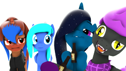 Size: 1920x1080 | Tagged: safe, artist:star-lightstarbright, oc, oc only, oc:heart sketch, oc:moonheart, oc:onyx heart, oc:starlight starbright, bat pony, pegasus, pony, unicorn, 3d, alcohol, female, mare, simple background, transparent background