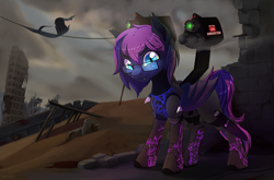 Size: 6562x4320 | Tagged: safe, artist:taneysha, derpibooru import, oc, oc only, oc:bitmaker, bat pony, fallout equestria, absurd resolution, clothes, enclave armor, fallout, gun, male, solo, wasteland, weapon