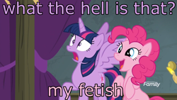 Size: 1366x768 | Tagged: safe, derpibooru import, edit, edited screencap, screencap, pinkie pie, twilight sparkle, twilight sparkle (alicorn), alicorn, earth pony, pony, horse play, dialogue, female, image macro, mare, meme, open mouth, sitting, smiling, spread wings, that is my fetish, varying degrees of want, wings