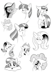 Size: 1071x1517 | Tagged: safe, artist:phoenixperegrine, derpibooru import, applejack, fluttershy, limestone pie, pinkie pie, rarity, twilight sparkle, earth pony, pegasus, pony, unicorn, :o, blushing, crying, expressions, faic, grayscale, gritted teeth, monochrome, open mouth, prone, simple background, tongue out, wide eyes