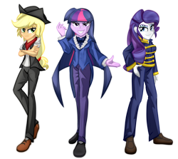 Size: 4600x4100 | Tagged: safe, artist:geraritydevillefort, derpibooru import, applejack, rarity, twilight sparkle, twilight sparkle (alicorn), alicorn, equestria girls, absurd resolution, clothes, crossed arms, danglajacks, danglars, evil grin, evil twilight, freckles, grin, looking at you, mondego, monsparkle, musical, pants, rarifort, redraw, simple background, smiling, smirk, the count of monte cristo, the count of monte rainbow, transparent background, villefort