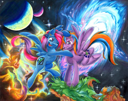 Size: 900x708 | Tagged: safe, artist:muffyn-man, derpibooru import, oc, oc only, pegasus, pony, duo, female, mare, planet, smiling, space