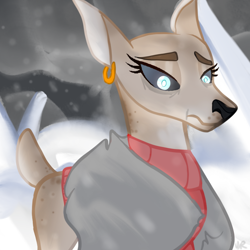 Size: 900x900 | Tagged: safe, artist:backstabbing scumbags, derpibooru import, oc, oc:lass nick, deer, base used, blizzard, clothes, concerned, deer oc, ear piercing, earring, jewelry, non-pony oc, piercing, snow, snowfall, solo, sweater