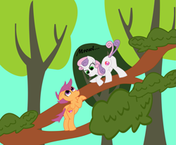 Size: 1601x1319 | Tagged: safe, artist:planetkiller, scootaloo, sweetie belle, pony, behaving like a cat, behaving like a dog, cute, cutealoo, cutie mark, diasweetes, female, filly, plot, the cmc's cutie marks, this will end in pain, this will end in tears and/or death and/or covered in tree sap, this will not end well