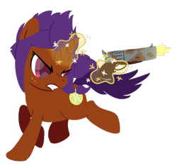 Size: 1007x954 | Tagged: safe, artist:phat_guy, derpibooru exclusive, derpibooru import, pony, unicorn, atg 2018, cutie mark, enter the gungeon, female, glowing horn, gritted teeth, gun, handgun, hooves, horn, levitation, magic, mare, newbie artist training grounds, revolver, running, shooting, simple background, solo, telekinesis, transparent background, weapon