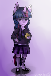 Size: 1165x1723 | Tagged: safe, artist:crimsonnight888, twilight sparkle, anthro, book, clothes, female, gradient background, reflection, school uniform, solo