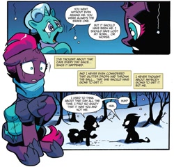 Size: 1105x1059 | Tagged: safe, artist:andypriceart, derpibooru import, idw, fizzlepop berrytwist, glitter drops, tempest shadow, pony, unicorn, spoiler:comic, spoiler:comic68, armor, broken horn, clothes, comic, cropped, crying, duo, eye scar, female, mare, official comic, realization, saddle bag, scar, scarf, shocked, silhouette, snow, speech bubble