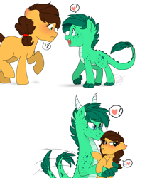 Size: 900x1020 | Tagged: safe, artist:h0mi3, derpibooru import, oc, oc:kygo, oc:sweet apple, dracony, hybrid, awww, blushing, colt, couple, crush, duo, female, filly, heart, interspecies offspring, male, offspring, parent:applejack, parent:caramel, parent:rarity, parent:spike, parents:carajack, parents:sparity, sweet, tsundere