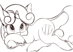 Size: 4093x2894 | Tagged: safe, artist:greed, derpibooru import, sweetie belle, classical unicorn, unicorn, cloven hooves, cute, digital art, leonine tail, lineart, looking at you, lying down, monochrome, sketch, unshorn fetlocks