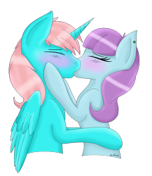 Size: 1200x1384 | Tagged: safe, artist:skyraheartsong, oc, oc only, oc:andy arts, oc:roxy impelheart, alicorn, pony, alicorn oc, horn, kissing, oc x oc, piercing, shipping, wings