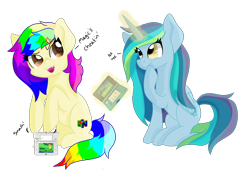 Size: 4700x3219 | Tagged: safe, artist:rainbowtashie, derpibooru import, oc, oc only, oc:everfree, oc:rainbowtashie, alicorn, earth pony, pony, 3ds, alicorn oc, commission, dialogue, fangs, magic, new 3ds, pokémon, simple background, transparent background