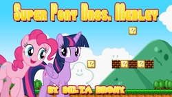 Size: 1024x576 | Tagged: safe, artist:dashiemlpfim, artist:dashiesparkle, artist:luckreza8, derpibooru import, pinkie pie, twilight sparkle, twilight sparkle (alicorn), alicorn, earth pony, pony, ? block, cloud, grass, image macro, meme, super mario bros., text