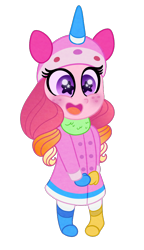 Size: 540x940 | Tagged: safe, artist:carouselunique, derpibooru import, oc, oc only, oc:honeycrisp blossom, equestria girls, clothes, coat, freckles, lego, mittens, offspring, parent:big macintosh, parent:princess cadance, parents:cadmac, pigtails, simple background, solo, starry eyes, the lego movie, transparent background, twintails, unicorn hat, unikitty, wingding eyes