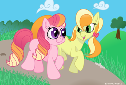 Size: 1280x865 | Tagged: safe, artist:turkleson, derpibooru import, oc, oc only, oc:ginger gold, oc:honeycrisp blossom, blank flank, bow, duo, female, filly, freckles, hair bow, offspring, parent:applejack, parent:big macintosh, parent:oc:dream weaver, parent:princess cadance, parents:cadmac, parents:canon x oc