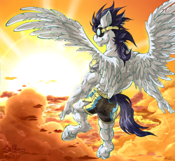 Size: 2000x1838 | Tagged: safe, artist:h-stallionwolf, derpibooru import, soarin', anthro, pegasus, unguligrade anthro, anime, back muscles, clothes, cloud, flying, goggles, male, muscles, shorts, sky, smiling, soaripped, solo, sports shorts, sunset, wings, wonderbolts