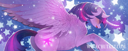 Size: 1181x475 | Tagged: safe, artist:chutkat, derpibooru import, twilight sparkle, twilight sparkle (alicorn), alicorn, pony, blushing, curved horn, eyes closed, female, flying, glowing horn, mare, open mouth, solo, spread wings, stars, wing fluff, wings