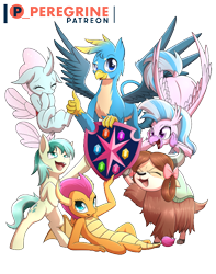 Size: 600x760 | Tagged: safe, artist:phoenixperegrine, derpibooru import, gallus, ocellus, sandbar, silverstream, smolder, yona, changedling, changeling, classical hippogriff, dragon, earth pony, griffon, hippogriff, pony, yak, bipedal, bow, cloven hooves, cute, cuteling, diaocelles, diastreamies, dragoness, female, flying, gallabetes, hair bow, male, monkey swings, patreon, patreon logo, sandabetes, simple background, smolderbetes, student six, teenager, transparent background, yonadorable