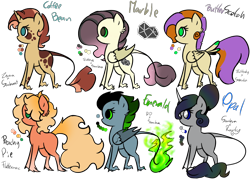 Size: 1200x857 | Tagged: safe, artist:frairlight, derpibooru import, oc, oc only, oc:butterscotch, oc:coffee bean, oc:emerald, oc:marble, oc:opal, oc:peachy pie, classical unicorn, unicorn, base used, cloven hooves, color palette, curved horn, female, hybrid wings, leonine tail, male, mare, offspring, parent:big macintosh, parent:fluttershy, parent:king sombra, parent:rainbow dash, parent:rarity, parent:soarin', parent:sunburst, parent:zecora, parents:fluttermac, parents:soarinshy, parents:sombradash, parents:sombrarity, parents:sombrashy, parents:zecoraburst, simple background, stallion, tail feathers, transparent background, unshorn fetlocks
