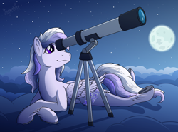 Size: 2300x1700 | Tagged: safe, artist:diggerstrike, derpibooru import, oc, oc only, oc:starstorm slumber, pegasus, pony, cute, female, lying down, moon, night, on side, solo, telescope