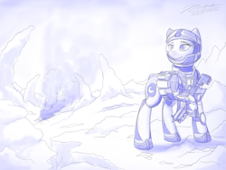 Size: 1024x768 | Tagged: safe, artist:novaintellus, derpibooru import, oc, oc only, earth pony, pony, astronaut, female, mare, monochrome, newbie artist training grounds, solo, spacesuit, weapon