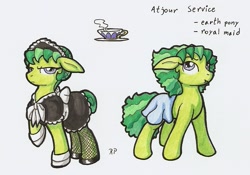 Size: 991x693 | Tagged: safe, artist:ravenpuff, derpibooru import, oc, oc only, oc:atjour service, earth pony, pony, clothes, cup, female, maid, mare, teacup