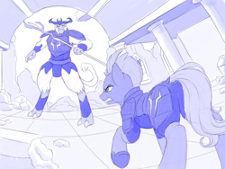 Size: 1024x768 | Tagged: safe, artist:novaintellus, derpibooru import, storm king, tempest shadow, pony, my little pony: the movie, armor, atg 2018, female, fight, monochrome, newbie artist training grounds, sketch, staff, staff of sacanas