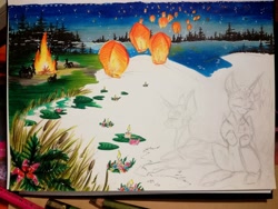 Size: 1440x1080 | Tagged: safe, artist:scootiegp, pony, bonfire, brake, commission, countryside, female, fire, flower, forest, lake, mare, night, river, scene, scenery, scrub, sky lantern, smiling, traditional art, waterlily, wreath, your character here