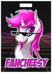 Size: 774x1085 | Tagged: safe, artist:fanch1, oc, oc only, oc:cheesy-shades, pony, unicorn, badge, bust, deal with it, female, glasses, looking at you, mare, solo