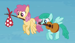 Size: 401x227 | Tagged: safe, derpibooru import, screencap, dizzy twister, orange swirl, spring melody, sprinkle medley, pegasus, pony, trade ya, background pony, bindle, cropped, duo, female, flying, guitar, mare, mouth hold, musical instrument