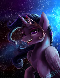 Size: 1000x1300 | Tagged: safe, artist:yummiestseven65, twilight sparkle, twilight sparkle (alicorn), alicorn, pony, alternate hairstyle, crown, element of magic, jewelry, open mouth, raised hoof, regalia, signature, smiling, solo, space, stars