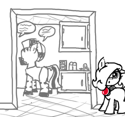 Size: 640x600 | Tagged: safe, artist:ficficponyfic, oc, oc only, oc:emerald jewel, earth pony, pony, zebra, amulet, child, colt, colt quest, counter, cute, doorway, faucet, floor, floppy ears, foal, hair over one eye, kitchen, listening, male, monochrome, sink, stallion, story included, talking