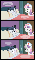 Size: 1352x2301 | Tagged: safe, artist:lunaticdawn, rumble, sweetie belle, pony, unicorn, bed, cold, colt, comic, cutie mark, female, filly, levitation, magic, male, needle, nurse, nurse outfit, pillow, sick, syringe, telekinesis, the cmc's cutie marks, this will end in pain, this will not end well