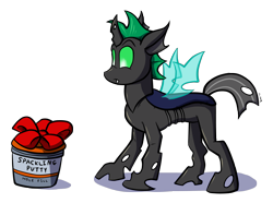 Size: 3500x2607 | Tagged: safe, artist:virmir, oc, oc only, oc:shifting sands, changeling, changeling oc, green changeling, present, putty, simple background, solo, spackle, transparent background