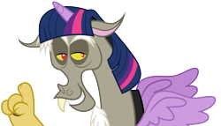 Size: 5230x3001 | Tagged: safe, artist:cloudyglow, discord, twilight sparkle, draconequus, what about discord?, absurd resolution, discord sparkle, lidded eyes, male, narrowed eyes, raised finger, simple background, smiling, solo, transparent background, twilight wig, vector