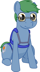 Size: 844x1500 | Tagged: safe, artist:phallen1, derpibooru exclusive, oc, oc only, oc:software patch, earth pony, pony, 2017 community collab, derpibooru community collaboration, glasses, harness, looking at you, simple background, sitting, smiling, solo, transparent background