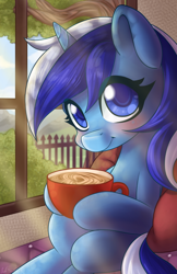 Size: 594x918 | Tagged: safe, artist:bumblebun, minuette, pony, unicorn, coffee, commission, crepuscular rays, cute, female, looking at you, mare, morning, morning ponies, smiling, solo, sunlight, window