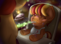 Size: 1024x739 | Tagged: safe, artist:cosmicchrissy, oc, oc only, pony, baby, baby pony, bib, cake, eyes closed, feeding, foal, food, magic, smiling, telekinesis