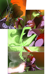 Size: 3541x5016 | Tagged: safe, artist:gashiboka, spike, dragon, comic:recall the time of no return, absurd resolution, comic, fight, fire, fire breath, iron wolf, melting