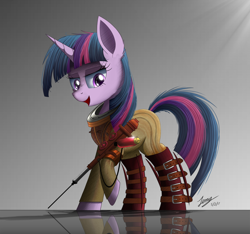 Size: 2200x2063 | Tagged: safe, artist:duskie-06, twilight sparkle, pony, big sister, bioshock, clothes, commission, crossover, gun, i can't believe it's not ncmares, lidded eyes, open mouth, raised hoof, reflection, signature, simple background, smiling, solo, sunlight, weapon