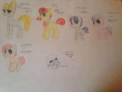 Size: 1024x768 | Tagged: safe, artist:doodletheexpoodle, oc, oc only, oc:balloon ride, oc:gamer guru, oc:macarena, oc:pomegranate pomp, oc:yellow sapphire, earth pony, pegasus, pony, unicorn, offspring, parent:apple bloom, parent:button mash, parent:cherry jubilee, parent:flam, parent:limestone pie, parent:rumble, parent:scootaloo, parent:sweetie belle, parent:tender taps, parent:zephyr breeze, parents:cherryflam, parents:rumbloom, parents:scootamash, parents:tenderbelle, parents:zephyrstone