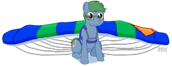 Size: 4000x1553 | Tagged: safe, artist:phallen1, derpibooru exclusive, oc, oc only, oc:software patch, earth pony, pony, glasses, harness, parachute, simple background, sitting, solo, tack, transparent background