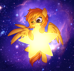 Size: 1485x1421 | Tagged: safe, artist:sonnatora, oc, oc only, oc:firetale, pegasus, pony, female, one eye closed, smiling, solo, space, spread wings, stars, tangible heavenly object, tongue out, wings, wink