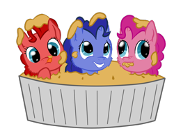 Size: 858x644 | Tagged: safe, artist:peaches-n-charlotte, oc, oc only, oc:blueberry pie, oc:cherry pie, oc:raspberry pie, cute, food, offspring, parent:cheese sandwich, parent:pinkie pie, parents:cheesepie, pie, tri pie triplets