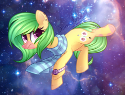 Size: 1024x775 | Tagged: safe, artist:sonnatora, oc, oc only, earth pony, pony, clothes, scarf, solo, space, watch