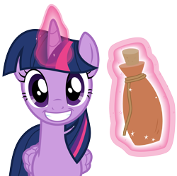 Size: 3889x3880 | Tagged: safe, artist:cloudyskie, twilight sparkle, twilight sparkle (alicorn), alicorn, pony, what about discord?, .ai available, bottle, female, folded wings, glowing horn, grin, looking at you, magic, mare, simple background, smiling, solo, transparent background, vector