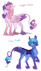 Size: 1000x1700 | Tagged: safe, artist:rossignolet, derpibooru import, oc, oc only, alicorn, alicorn oc, curved horn, female, leonine tail, magical lesbian spawn, mare, next generation, offspring, parent:pinkie pie, parent:princess luna, parent:twilight sparkle, parents:twiluna, parents:twinkie, unnamed oc, unshorn fetlocks