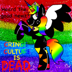 Size: 500x500 | Tagged: safe, artist:c0lorcore, derpibooru import, oc, alicorn, pony, alicorn oc, comic sans, cringe culture is dead, positive message, positive ponies, rainbow, scene kid, solo