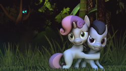 Size: 3840x2160 | Tagged: safe, artist:viranimation, rumble, sweetie belle, changeling, 3d, dark, grass, jungle, male, rumbelle, scared, shipping, source filmmaker, straight, tree