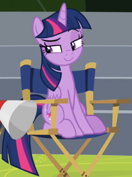 Size: 716x963 | Tagged: safe, derpibooru import, screencap, twilight sparkle, twilight sparkle (alicorn), alicorn, pony, horse play, chair, cropped, director's chair, megaphone, raised eyebrow, smug, solo